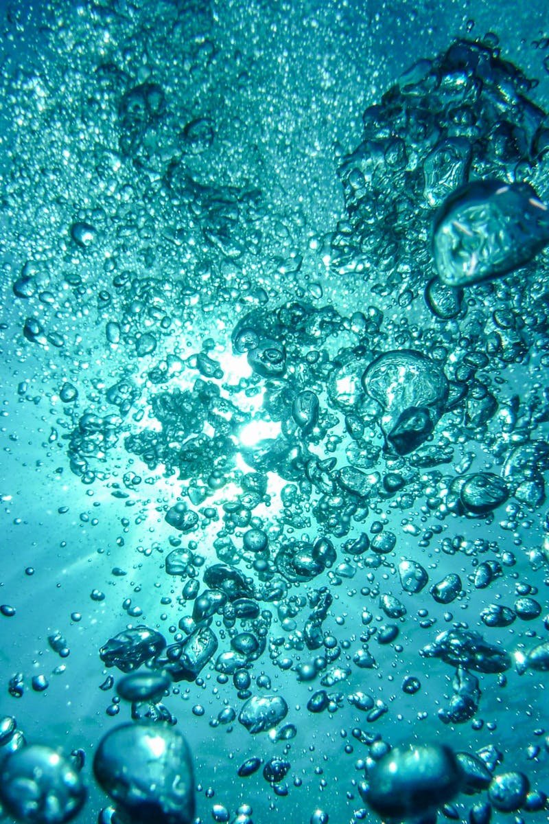 Capture of underwater bubbles rising towards the surface with sunlight streaming through.